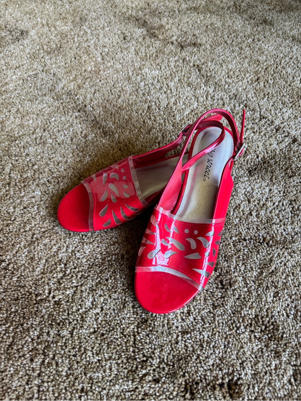Red + clear Easy Street leaf-like cutout pattern slingback heels